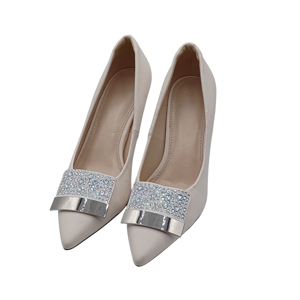 Pointed Toe Pumps Womens 7 Cream Good Rhinestone Buckle Stiletto Heel Prom Dance